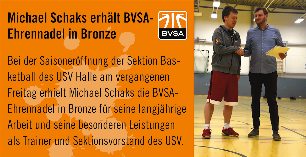 Michael Schaks erhält von BVSA-Vorstandsmitglied Philipp Streit die Ehrennadel in Bronze verliehen // Collage: BVSA // Foto: Caro Stolze